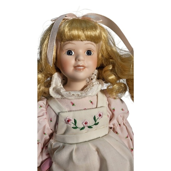 Royalton collection Porcelain‎ Doll Blonde Curly Hair Blue Eyes Pink Dress - Picture 8 of 9